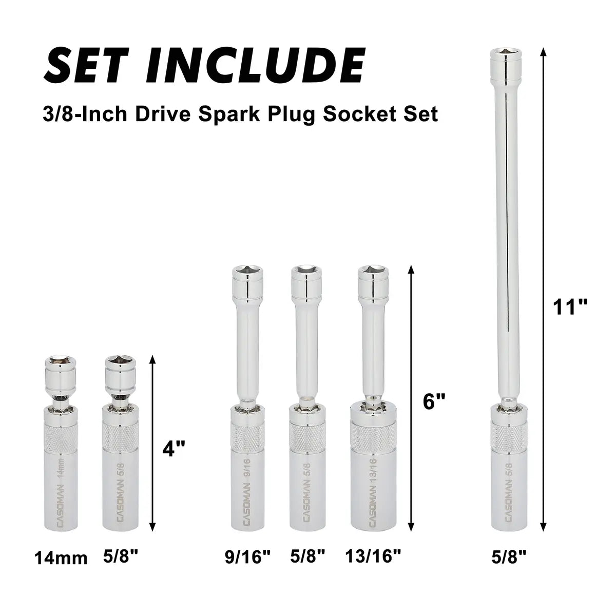 6-Piece Magnetic Spark Plug Socket Set – 3/8" Drive, 9/16", 5/8", 13/16" & 14mm, CR-V Steel
