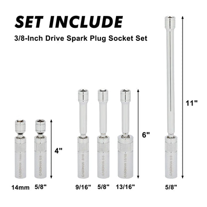 6-Piece Magnetic Spark Plug Socket Set – 3/8" Drive, 9/16", 5/8", 13/16" & 14mm, CR-V Steel
